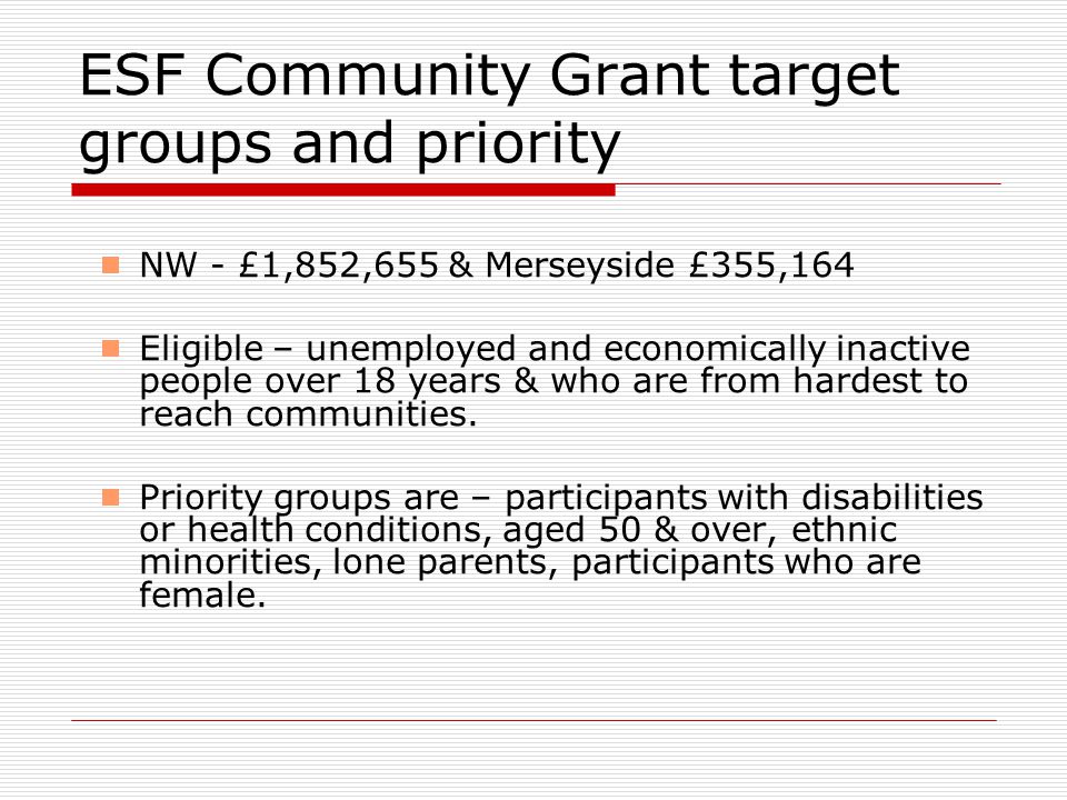 ESF Community Grant target groups and priority  NW - £1,852,655 & Merseyside £355,164  Eligible – unemployed and economically inactive people over 18 years & who are from hardest to reach communities.