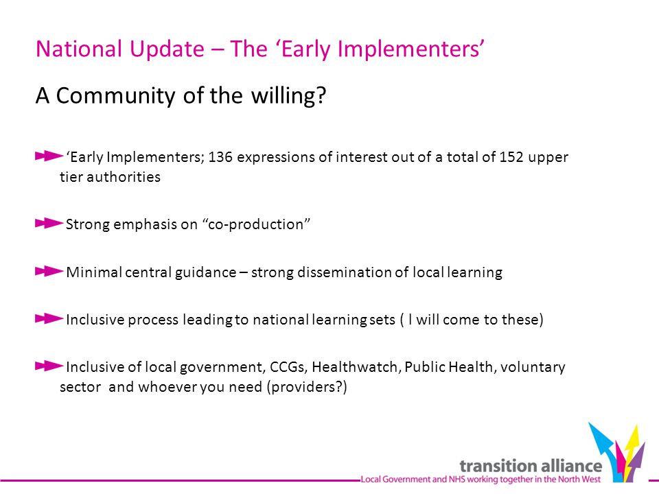 National Update – The ‘Early Implementers’ A Community of the willing.