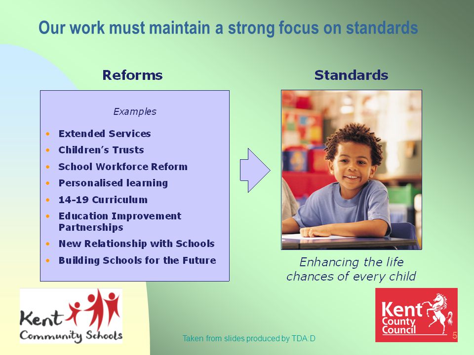 5 Our work must maintain a strong focus on standards Taken from slides produced by TDA:D