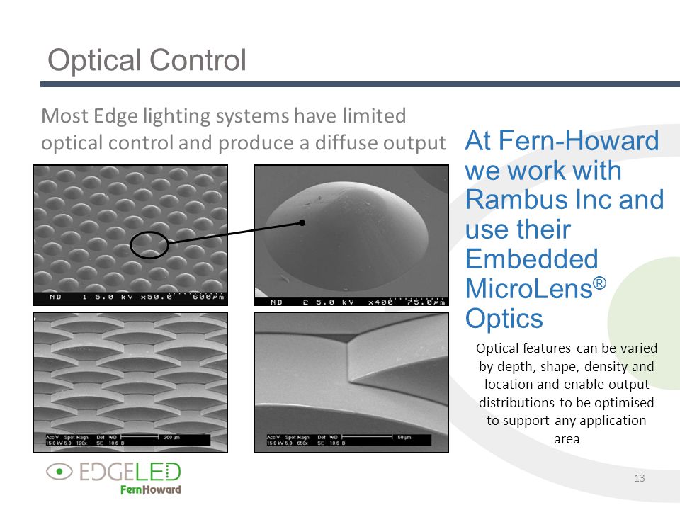 Optical features can be varied by depth, shape, density and location and enable output distributions to be optimised to support any application area 13 At Fern-Howard we work with Rambus Inc and use their Embedded MicroLens ® Optics Optical Control Most Edge lighting systems have limited optical control and produce a diffuse output