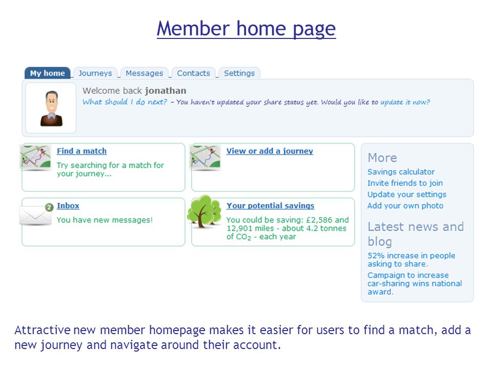 Member home page Attractive new member homepage makes it easier for users to find a match, add a new journey and navigate around their account.