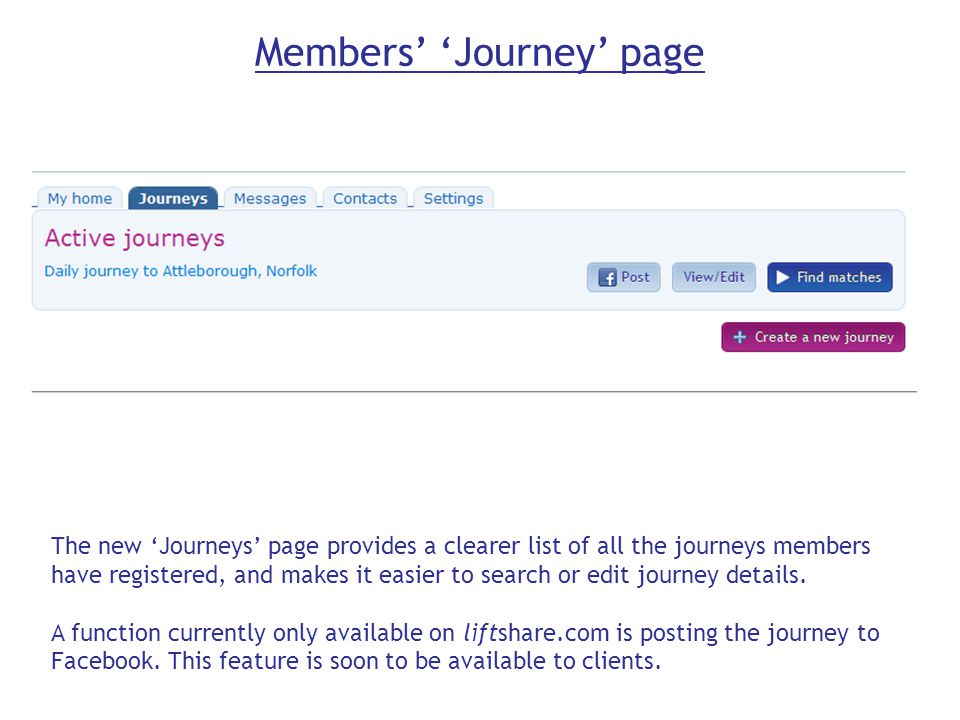 Members’ ‘Journey’ page The new ‘Journeys’ page provides a clearer list of all the journeys members have registered, and makes it easier to search or edit journey details.