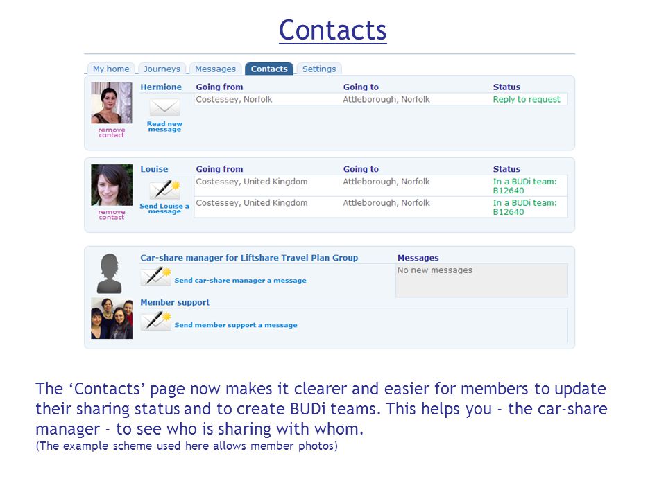 Contacts The ‘Contacts’ page now makes it clearer and easier for members to update their sharing status and to create BUDi teams.