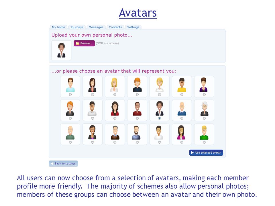 Avatars All users can now choose from a selection of avatars, making each member profile more friendly.