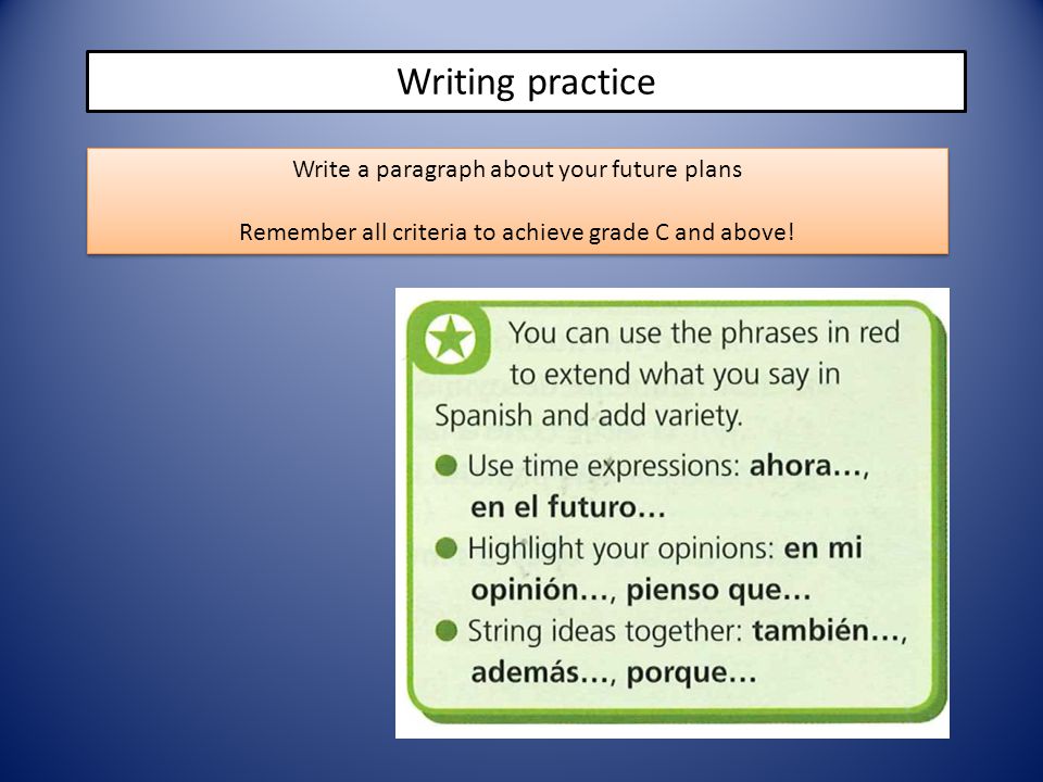 Writing practice Write a paragraph about your future plans Remember all criteria to achieve grade C and above.