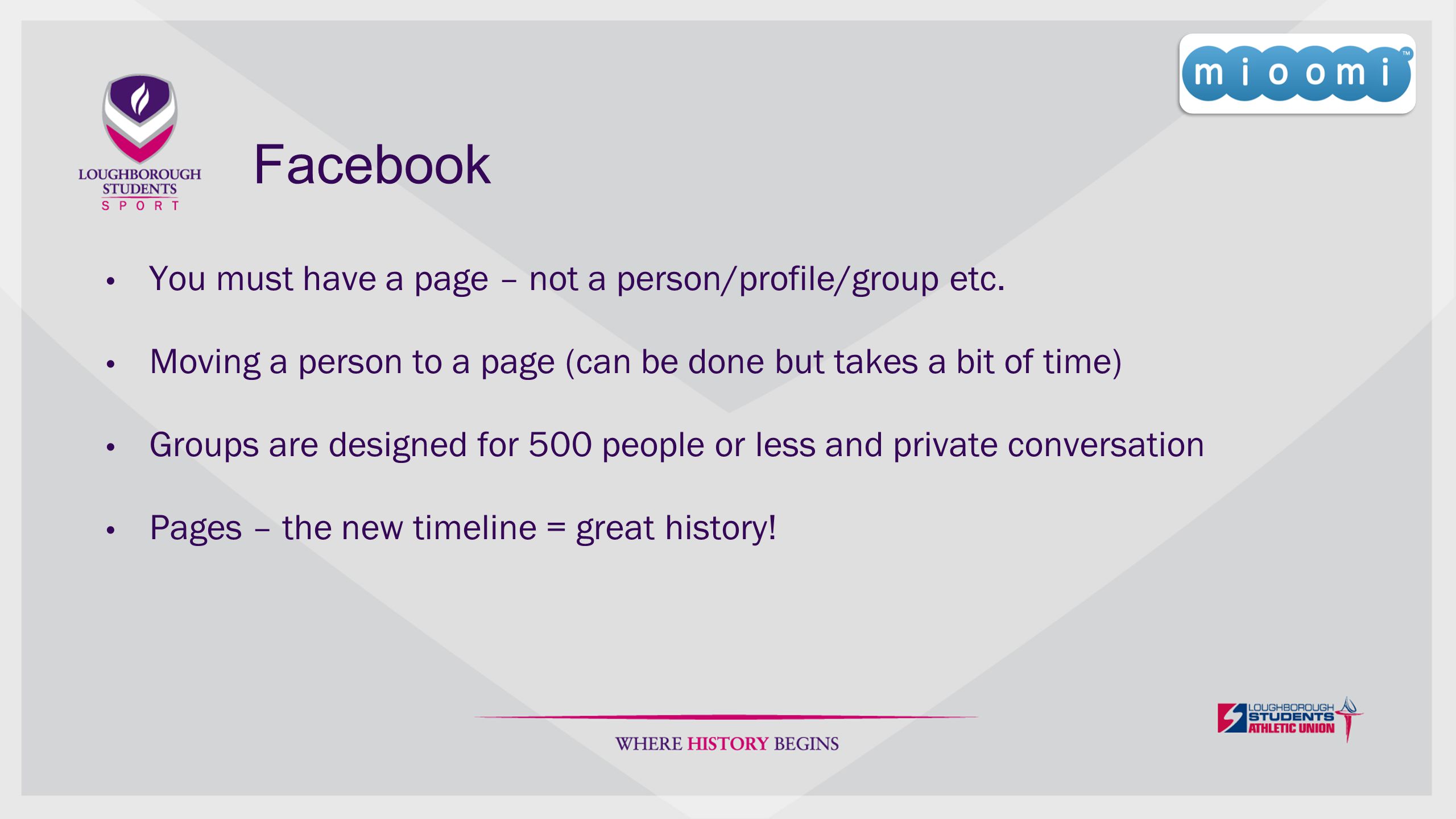 Facebook You must have a page – not a person/profile/group etc.