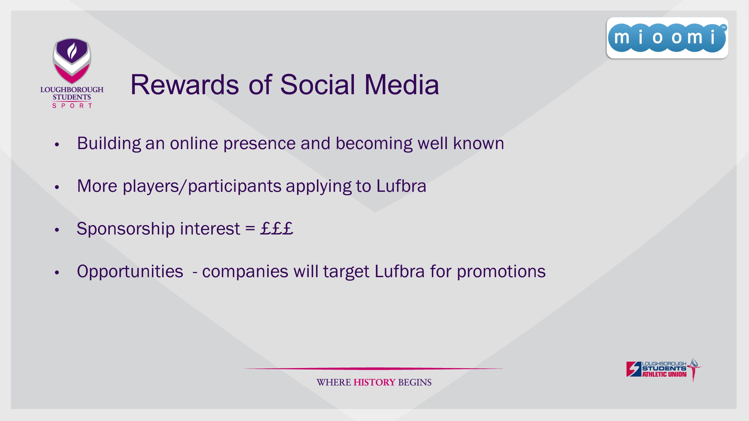 Rewards of Social Media Building an online presence and becoming well known More players/participants applying to Lufbra Sponsorship interest = £££ Opportunities - companies will target Lufbra for promotions