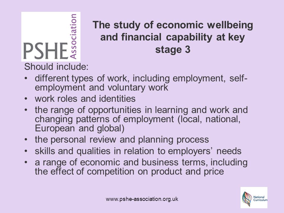 The study of economic wellbeing and financial capability at key stage 3 Should include: different types of work, including employment, self- employment and voluntary work work roles and identities the range of opportunities in learning and work and changing patterns of employment (local, national, European and global) the personal review and planning process skills and qualities in relation to employers’ needs a range of economic and business terms, including the effect of competition on product and price