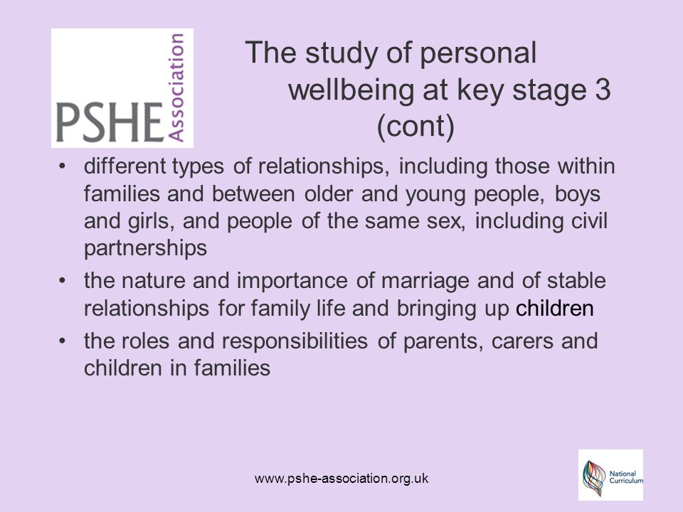 The study of personal wellbeing at key stage 3 (cont) different types of relationships, including those within families and between older and young people, boys and girls, and people of the same sex, including civil partnerships the nature and importance of marriage and of stable relationships for family life and bringing up children the roles and responsibilities of parents, carers and children in families