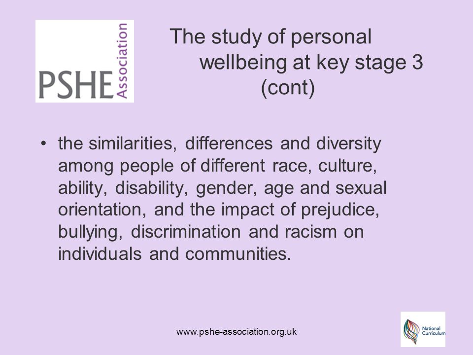 The study of personal wellbeing at key stage 3 (cont) the similarities, differences and diversity among people of different race, culture, ability, disability, gender, age and sexual orientation, and the impact of prejudice, bullying, discrimination and racism on individuals and communities.