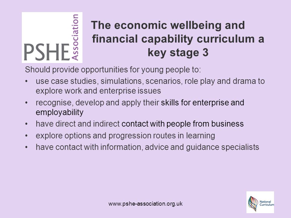 The economic wellbeing and financial capability curriculum a key stage 3 Should provide opportunities for young people to: use case studies, simulations, scenarios, role play and drama to explore work and enterprise issues recognise, develop and apply their skills for enterprise and employability have direct and indirect contact with people from business explore options and progression routes in learning have contact with information, advice and guidance specialists
