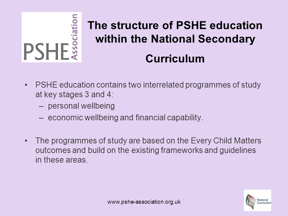 The structure of PSHE education within the National Secondary Curriculum PSHE education contains two interrelated programmes of study at key stages 3 and 4: –personal wellbeing –economic wellbeing and financial capability.