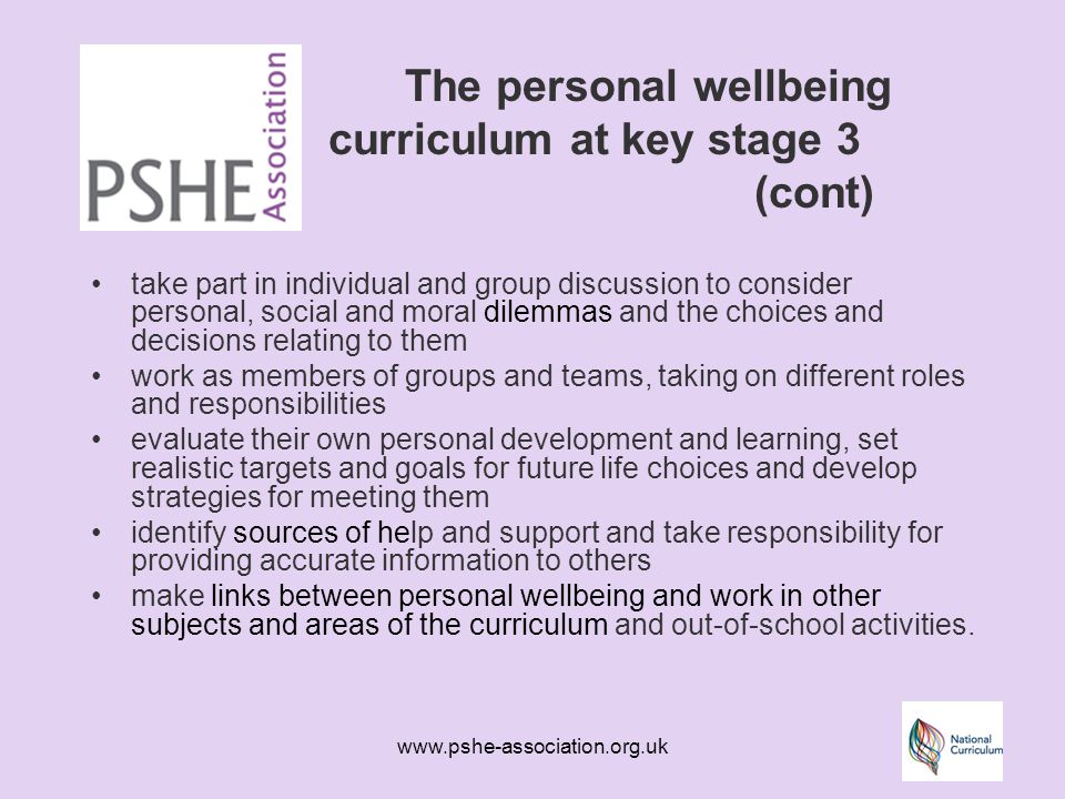 The personal wellbeing curriculum at key stage 3 (cont) take part in individual and group discussion to consider personal, social and moral dilemmas and the choices and decisions relating to them work as members of groups and teams, taking on different roles and responsibilities evaluate their own personal development and learning, set realistic targets and goals for future life choices and develop strategies for meeting them identify sources of help and support and take responsibility for providing accurate information to others make links between personal wellbeing and work in other subjects and areas of the curriculum and out-of-school activities.