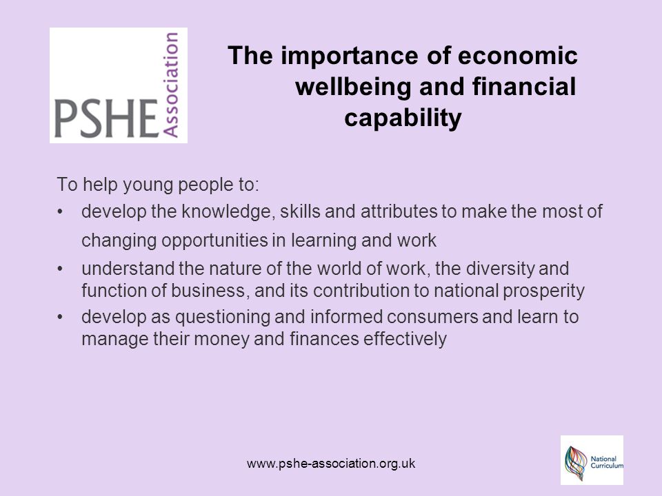 The importance of economic wellbeing and financial capability To help young people to: develop the knowledge, skills and attributes to make the most of changing opportunities in learning and work understand the nature of the world of work, the diversity and function of business, and its contribution to national prosperity develop as questioning and informed consumers and learn to manage their money and finances effectively