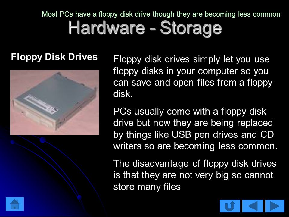 Hardware - Storage Floppy disk drives simply let you use floppy disks in your computer so you can save and open files from a floppy disk.