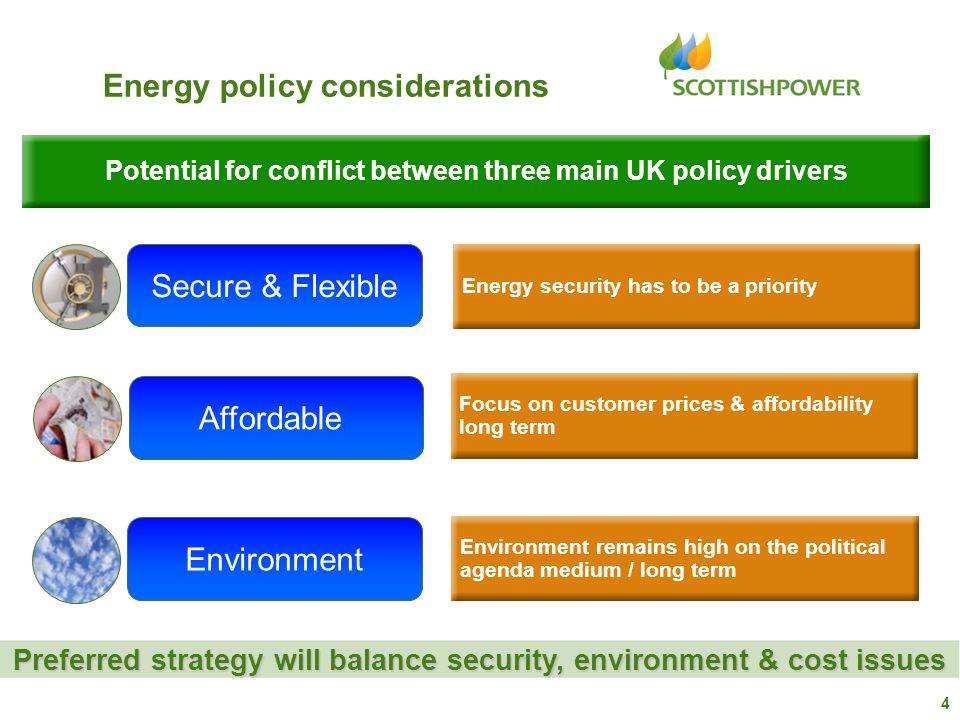 Energy policy considerations Potential for conflict between three main UK policy drivers Preferred strategy will balance security, environment & cost issues Focus on customer prices & affordability long term Affordable Environment remains high on the political agenda medium / long term Environment Energy security has to be a priority Secure & Flexible 4