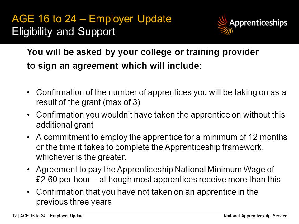 12 | AGE 16 to 24 – Employer Update AGE 16 to 24 – Employer Update Eligibility and Support National Apprenticeship Service You will be asked by your college or training provider to sign an agreement which will include: Confirmation of the number of apprentices you will be taking on as a result of the grant (max of 3) Confirmation you wouldn’t have taken the apprentice on without this additional grant A commitment to employ the apprentice for a minimum of 12 months or the time it takes to complete the Apprenticeship framework, whichever is the greater.