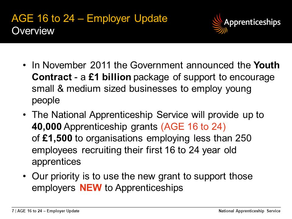 7 | AGE 16 to 24 – Employer Update AGE 16 to 24 – Employer Update Overview National Apprenticeship Service In November 2011 the Government announced the Youth Contract - a £1 billion package of support to encourage small & medium sized businesses to employ young people The National Apprenticeship Service will provide up to 40,000 Apprenticeship grants (AGE 16 to 24) of £1,500 to organisations employing less than 250 employees recruiting their first 16 to 24 year old apprentices Our priority is to use the new grant to support those employers NEW to Apprenticeships