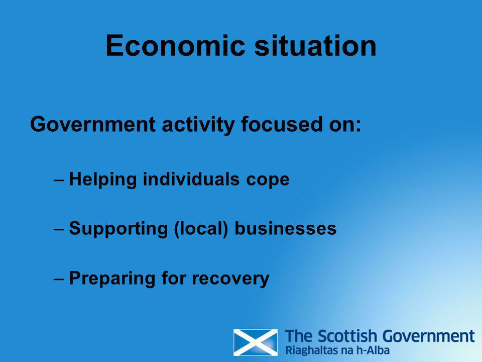 Economic situation Government activity focused on: –Helping individuals cope –Supporting (local) businesses –Preparing for recovery