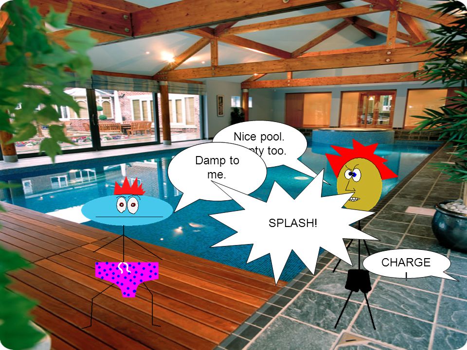 Nice pool. Empty too. Looks rather…… Damp to me. CHARGE ! SPLASH!