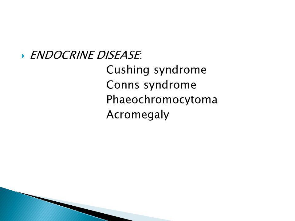 ENDOCRINE DISEASE: Cushing syndrome Conns syndrome Phaeochromocytoma Acromegaly