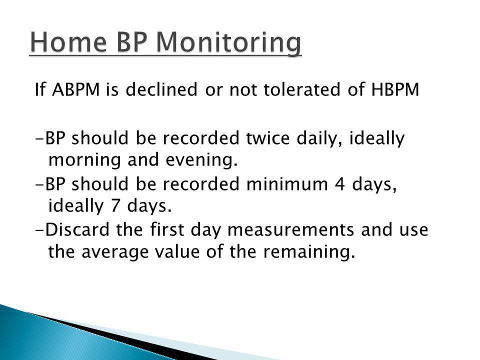 If ABPM is declined or not tolerated of HBPM -BP should be recorded twice daily, ideally morning and evening.