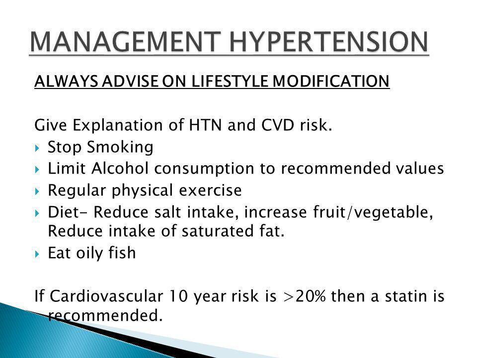 ALWAYS ADVISE ON LIFESTYLE MODIFICATION Give Explanation of HTN and CVD risk.