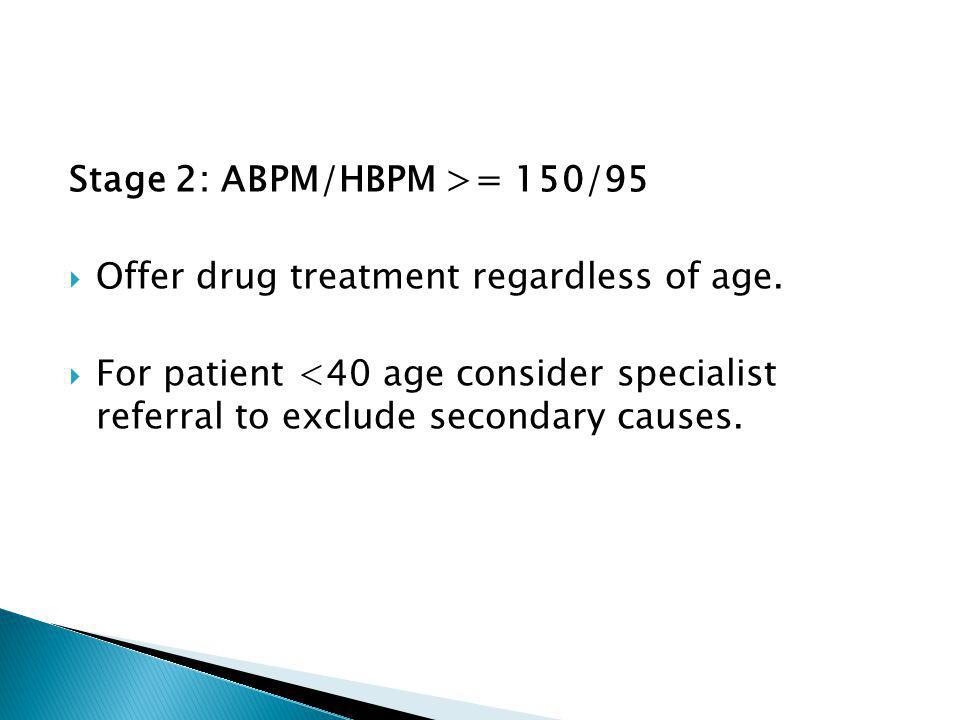 Stage 2: ABPM/HBPM >= 150/95  Offer drug treatment regardless of age.