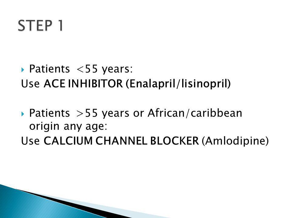  Patients <55 years: Use ACE INHIBITOR (Enalapril/lisinopril)  Patients>55 years or African/caribbean origin any age: Use CALCIUM CHANNEL BLOCKER (Amlodipine)