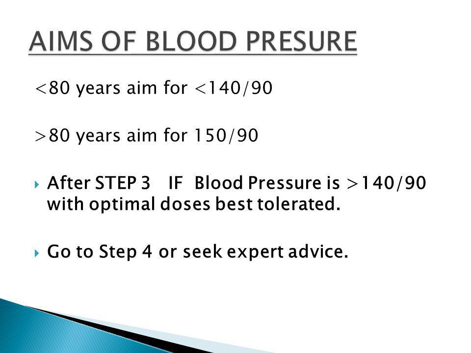 <80 years aim for <140/90 >80 years aim for 150/90  After STEP 3 IF Blood Pressure is >140/90 with optimal doses best tolerated.