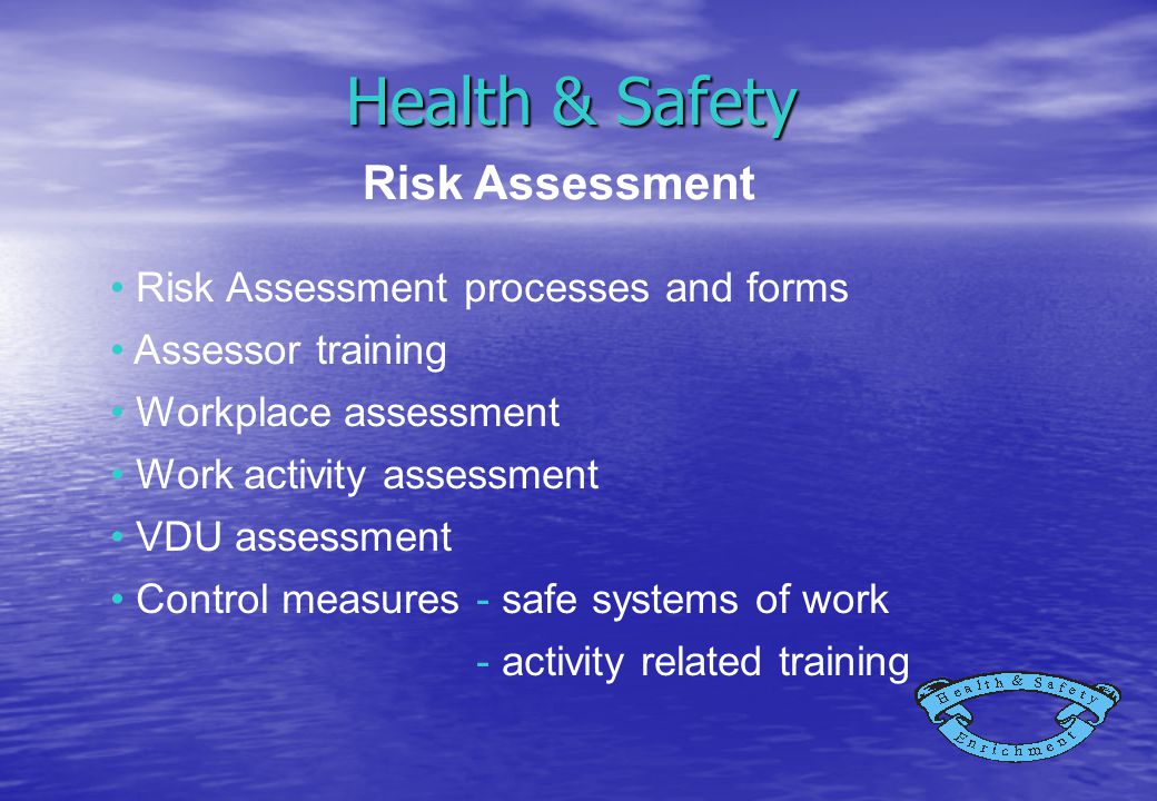 Health & Safety Risk Assessment processes and forms Assessor training Workplace assessment Work activity assessment VDU assessment Control measures - safe systems of work - activity related training Risk Assessment