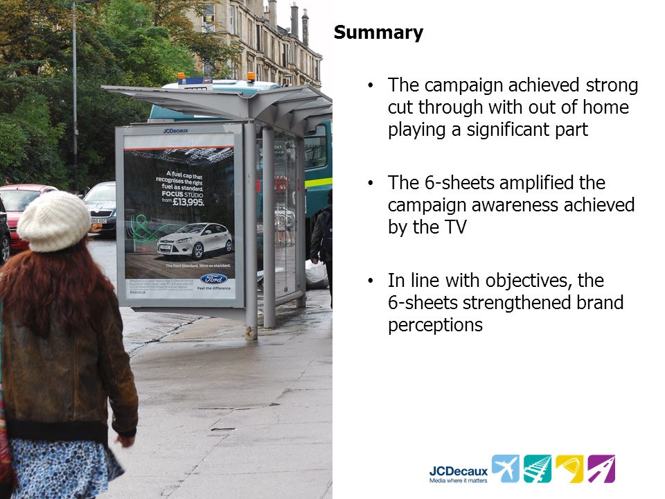 Summary The campaign achieved strong cut through with out of home playing a significant part The 6-sheets amplified the campaign awareness achieved by the TV In line with objectives, the 6-sheets strengthened brand perceptions