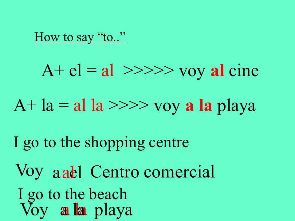 How to say to.. A+ el = al >>>>> voy al cine A+ la = al la >>>> voy a la playa I go to the shopping centre Voy a el Centro comercial al I go to the beach Voya la playa