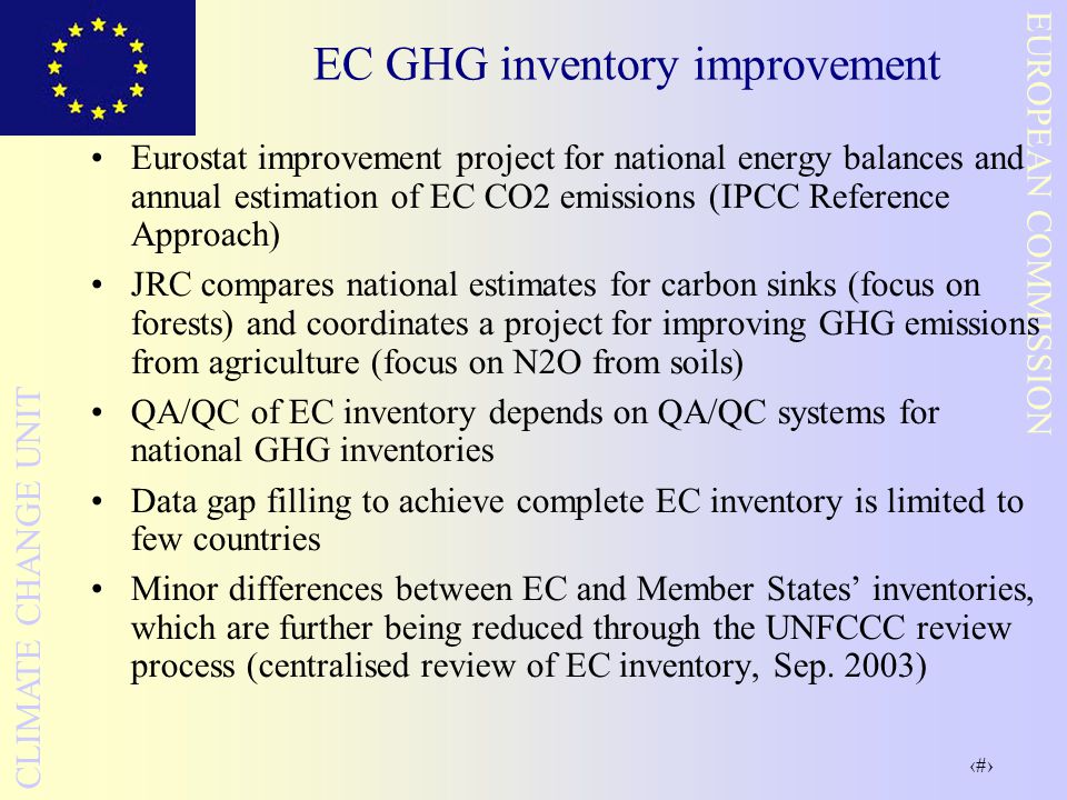 10 EUROPEAN COMMISSION CLIMATE CHANGE UNIT EC GHG inventory improvement Eurostat improvement project for national energy balances and annual estimation of EC CO2 emissions (IPCC Reference Approach) JRC compares national estimates for carbon sinks (focus on forests) and coordinates a project for improving GHG emissions from agriculture (focus on N2O from soils) QA/QC of EC inventory depends on QA/QC systems for national GHG inventories Data gap filling to achieve complete EC inventory is limited to few countries Minor differences between EC and Member States’ inventories, which are further being reduced through the UNFCCC review process (centralised review of EC inventory, Sep.