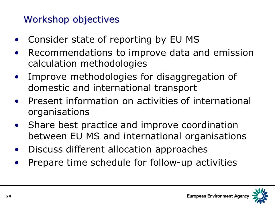 24 Workshop objectives Consider state of reporting by EU MS Recommendations to improve data and emission calculation methodologies Improve methodologies for disaggregation of domestic and international transport Present information on activities of international organisations Share best practice and improve coordination between EU MS and international organisations Discuss different allocation approaches Prepare time schedule for follow-up activities