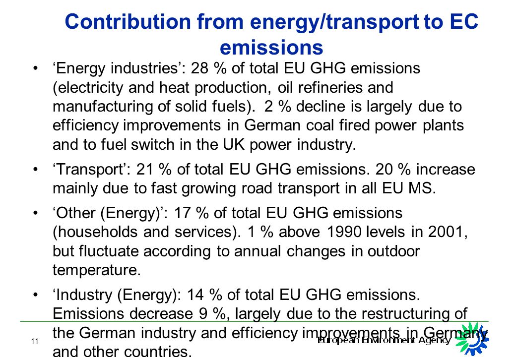 11 Contribution from energy/transport to EC emissions ‘Energy industries’: 28 % of total EU GHG emissions (electricity and heat production, oil refineries and manufacturing of solid fuels).