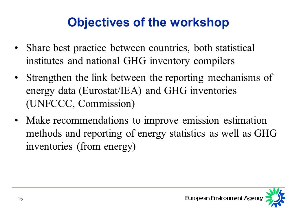 15 Objectives of the workshop Share best practice between countries, both statistical institutes and national GHG inventory compilers Strengthen the link between the reporting mechanisms of energy data (Eurostat/IEA) and GHG inventories (UNFCCC, Commission) Make recommendations to improve emission estimation methods and reporting of energy statistics as well as GHG inventories (from energy)