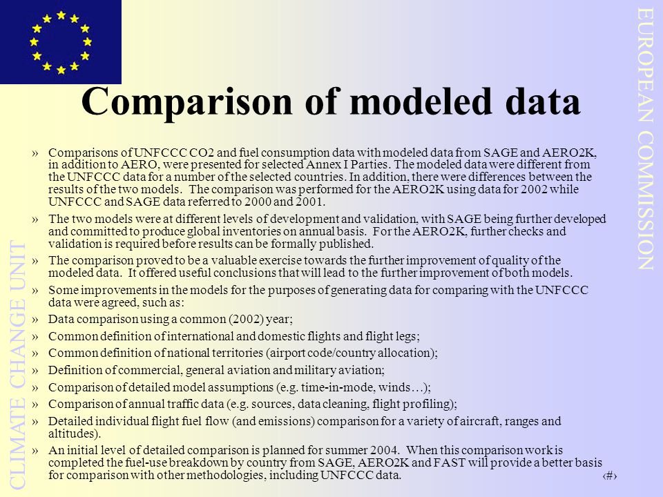 3 EUROPEAN COMMISSION CLIMATE CHANGE UNIT Comparison of modeled data »Comparisons of UNFCCC CO2 and fuel consumption data with modeled data from SAGE and AERO2K, in addition to AERO, were presented for selected Annex I Parties.