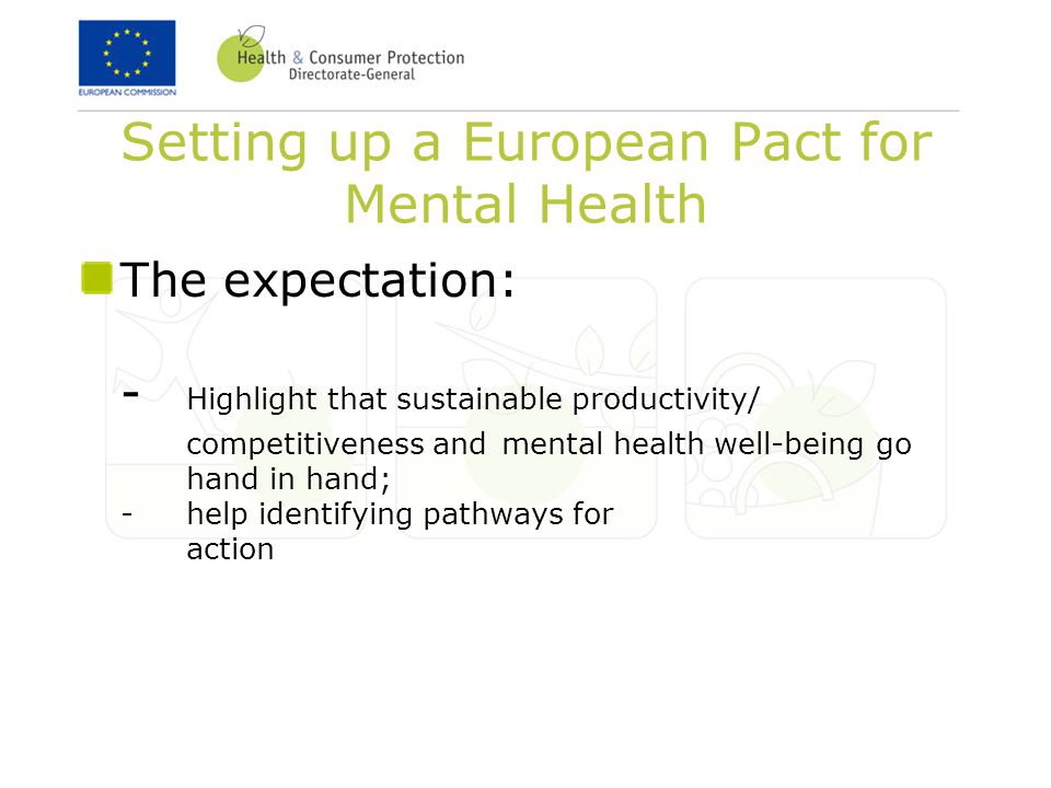 Setting up a European Pact for Mental Health The expectation: - Highlight that sustainable productivity/ competitiveness and mental health well-being go hand in hand; -help identifying pathways for action
