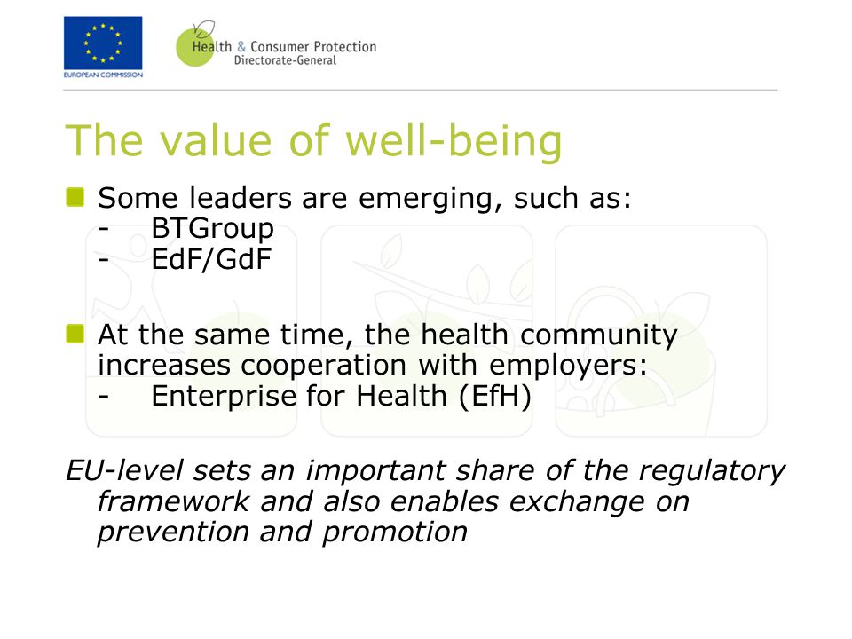 The value of well-being Some leaders are emerging, such as: -BTGroup -EdF/GdF At the same time, the health community increases cooperation with employers: -Enterprise for Health (EfH) EU-level sets an important share of the regulatory framework and also enables exchange on prevention and promotion