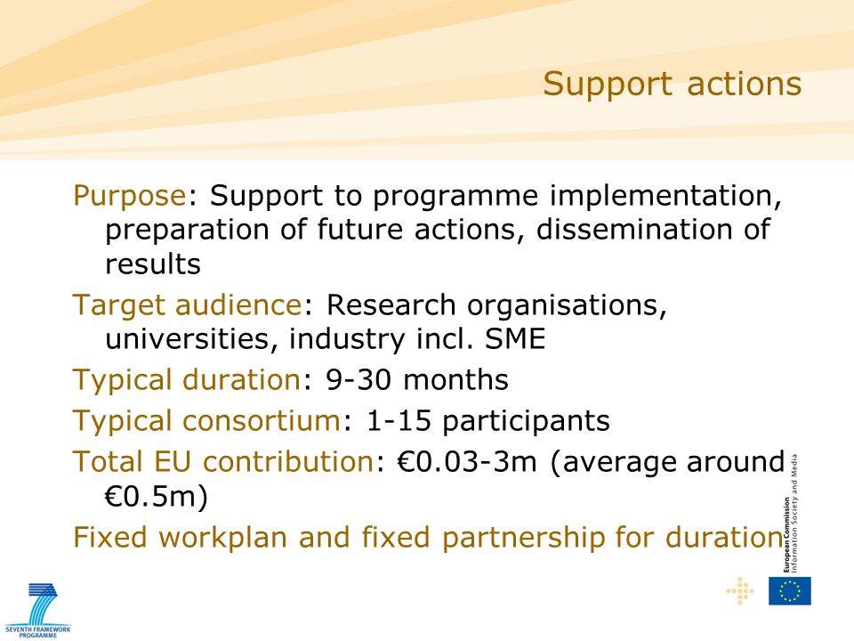 Purpose: Support to programme implementation, preparation of future actions, dissemination of results Target audience: Research organisations, universities, industry incl.