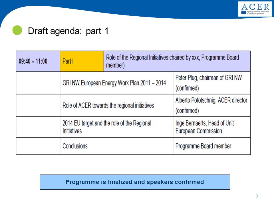 3 Draft agenda: part 1 abc Programme is finalized and speakers confirmed