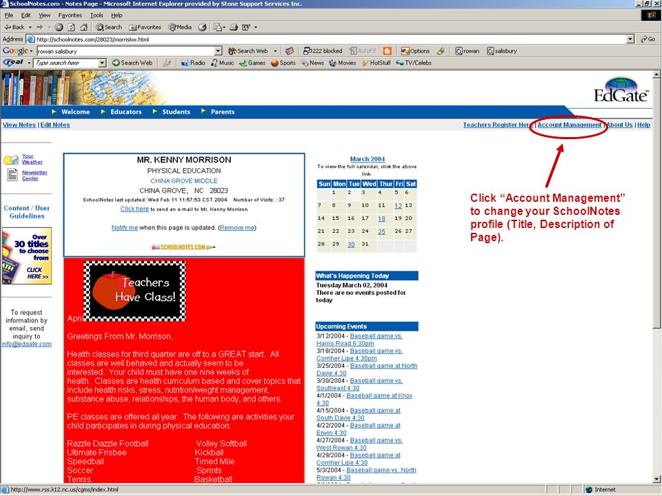 Click Account Management to change your SchoolNotes profile (Title, Description of Page).