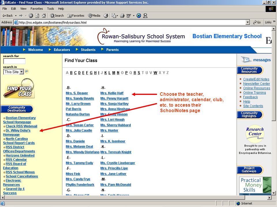 Choose the teacher, administrator, calendar, club, etc. to access their SchoolNotes page