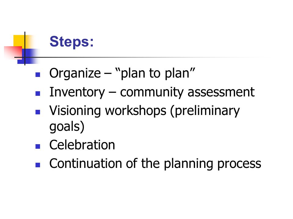 Steps: Organize – plan to plan Inventory – community assessment Visioning workshops (preliminary goals) Celebration Continuation of the planning process