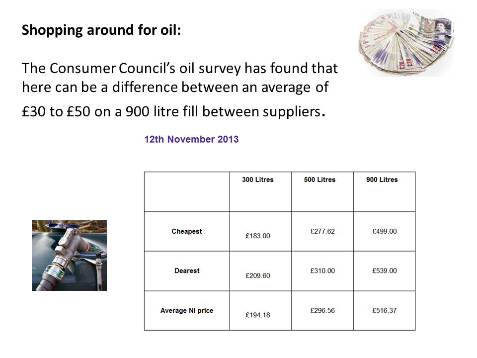 Shopping around for oil: The Consumer Council’s oil survey has found that here can be a difference between an average of £30 to £50 on a 900 litre fill between suppliers.