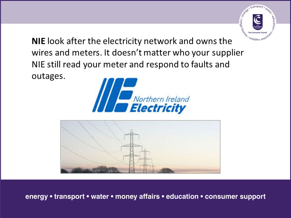 NIE look after the electricity network and owns the wires and meters.