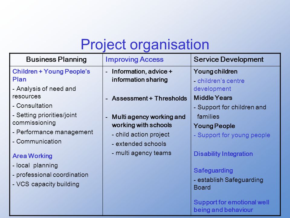 Project organisation Business PlanningImproving AccessService Development Children + Young People’s Plan ‐ Analysis of need and resources ‐ Consultation ‐ Setting priorities/joint commissioning ‐ Performance management ‐ Communication Area Working ‐ local planning ‐ professional coordination ‐ VCS capacity building -Information, advice + information sharing -Assessment + Thresholds -Multi agency working and working with schools - child action project - extended schools - multi agency teams Young children ‑ children’s centre development Middle Years ‑ Support for children and families Young People ‑ Support for young people Disability Integration Safeguarding ‑ establish Safeguarding Board Support for emotional well being and behaviour