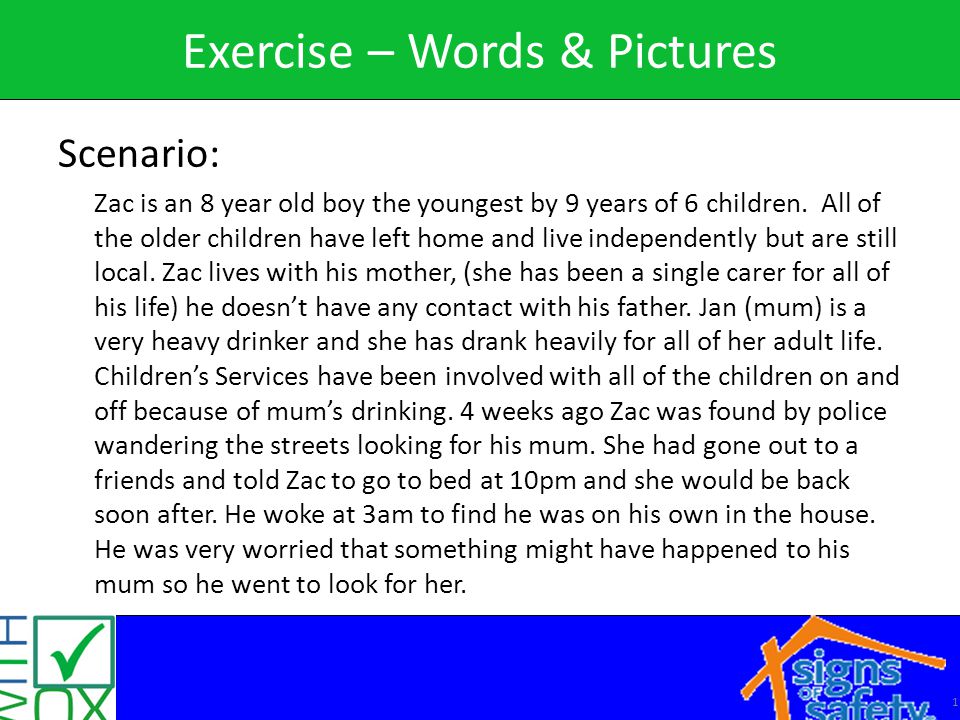 1 Exercise – Words & Pictures Scenario: Zac is an 8 year old boy the youngest by 9 years of 6 children.
