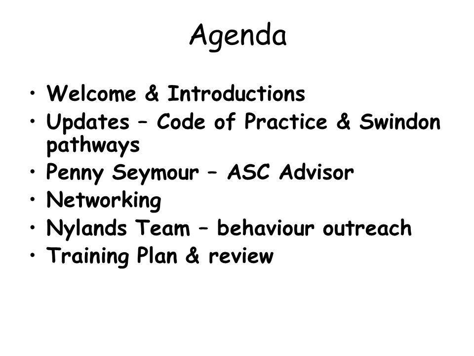 Agenda Welcome & Introductions Updates – Code of Practice & Swindon pathways Penny Seymour – ASC Advisor Networking Nylands Team – behaviour outreach Training Plan & review